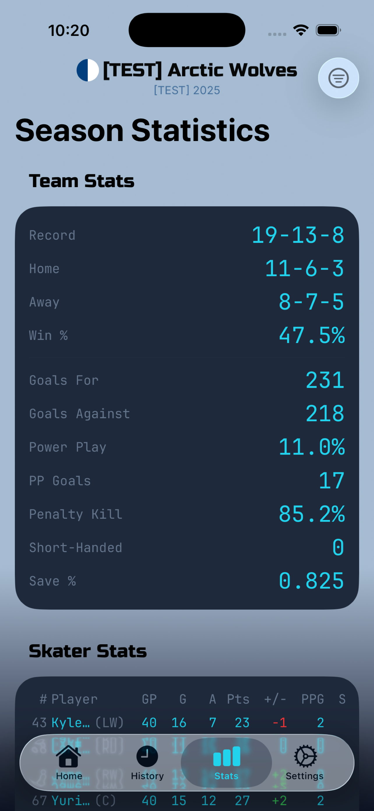 PuckMetrix game tracking interface